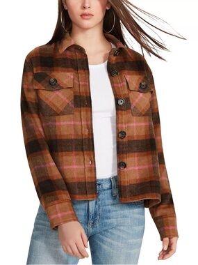 BB Dakota Steve Madden Brown Plaid Button-Front Shacket with Pink Accents
